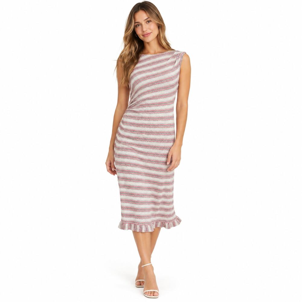 Max Studio XS Striped Ruched Midi Dress White Red Black Ruffle Y2K Cotton